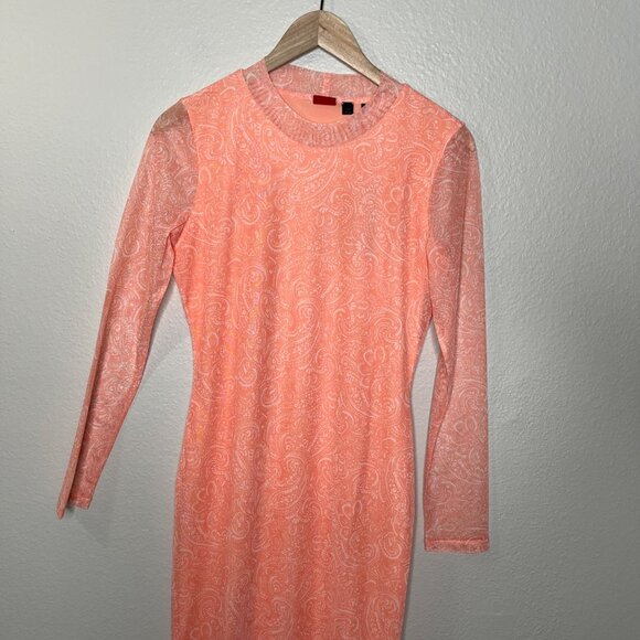 Hugo Boss Womens Nasusi Long Sleeve Orange Stretch Mesh Paisley Midi Dress Large - Picture 4 of 13